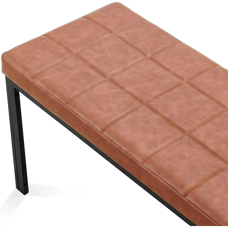 Banc capitonné en cuir synthétique marron avec pieds en métal noir