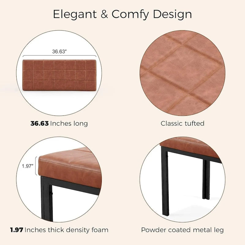 Banc capitonné en cuir synthétique marron avec pieds en métal noir