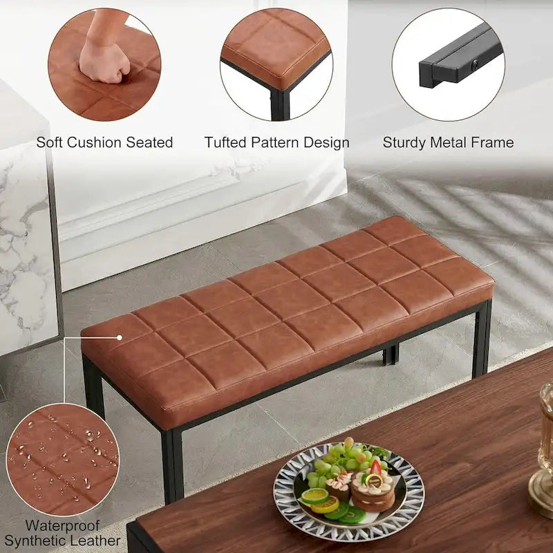 Banc capitonné en cuir synthétique marron avec pieds en métal noir