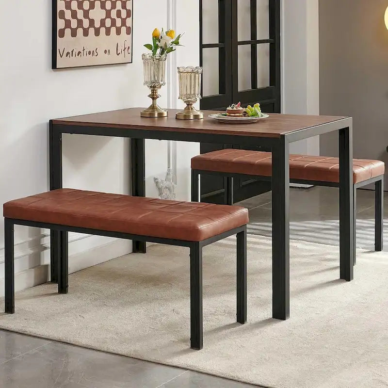 Banc capitonné en cuir synthétique marron avec pieds en métal noir