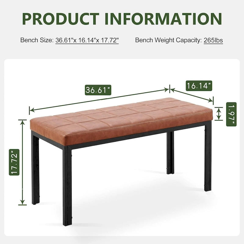 Banc capitonné en cuir synthétique marron avec pieds en métal noir