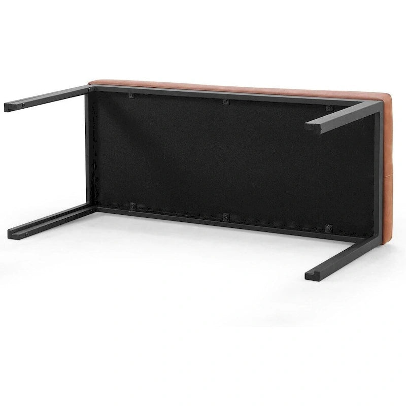 Banc capitonné en cuir synthétique marron avec pieds en métal noir