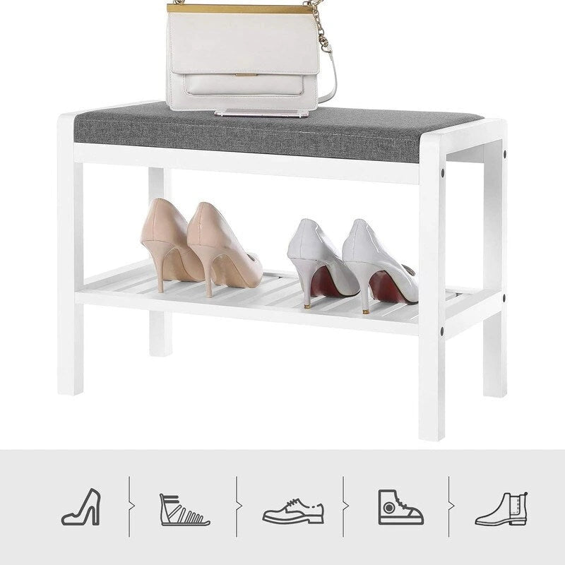 Banc d'entrée en bambou rembourré avec étagère à chaussures à lattes Marron Gris