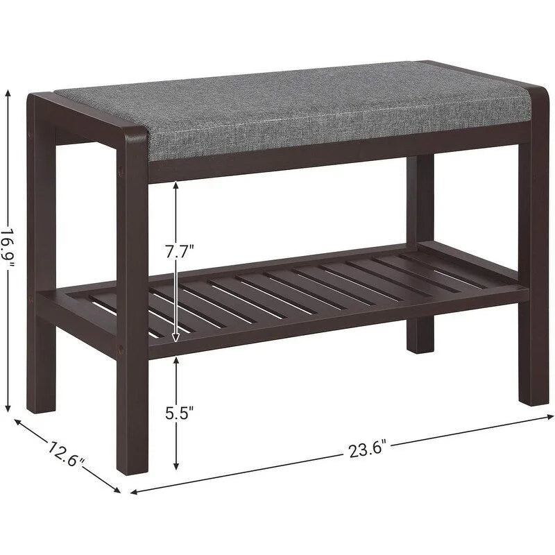 Banc d'entrée en bambou rembourré avec étagère à chaussures à lattes Marron Gris