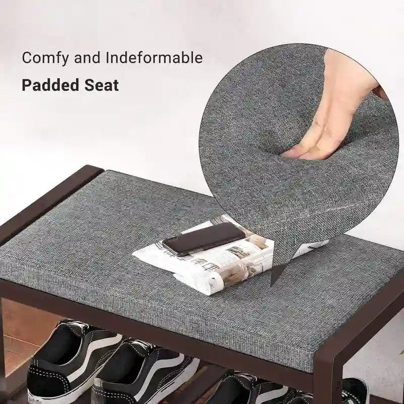 Banc d'entrée en bambou rembourré avec étagère à chaussures à lattes Marron Gris