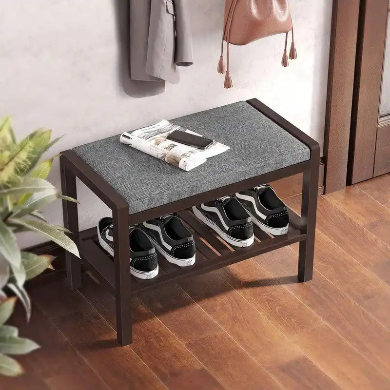 Banc d'entrée en bambou rembourré avec étagère à chaussures à lattes Marron Gris