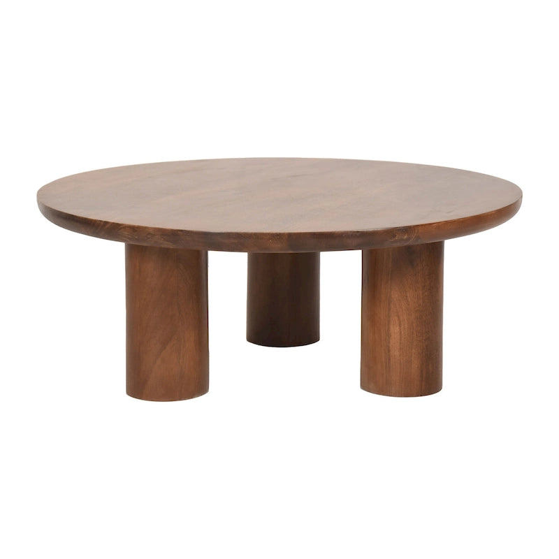 Table basse ronde en bois de manguier massif, finition rustique marron naturel