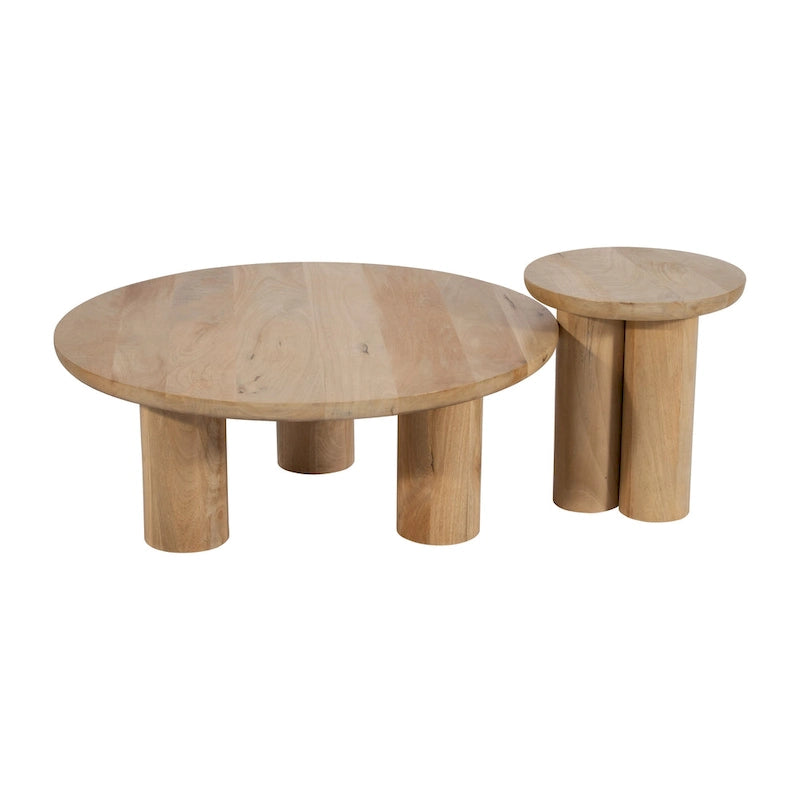 Table basse ronde en bois de manguier massif, finition rustique marron naturel