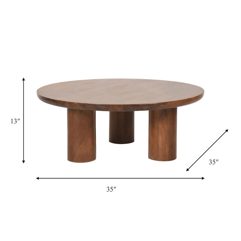Table basse ronde en bois de manguier massif, finition rustique marron naturel