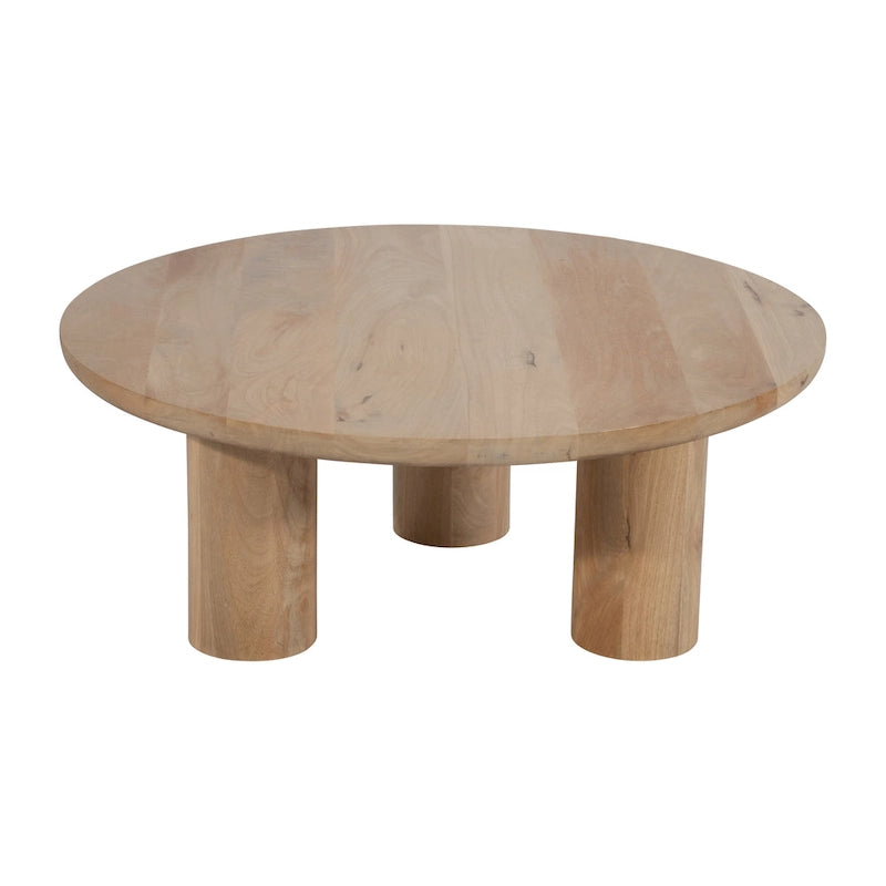 Table basse ronde en bois de manguier massif, finition rustique marron naturel