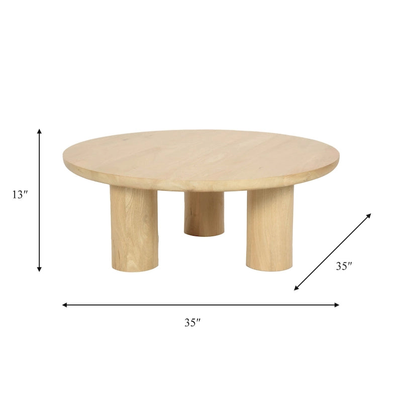 Table basse ronde en bois de manguier massif, finition rustique marron naturel