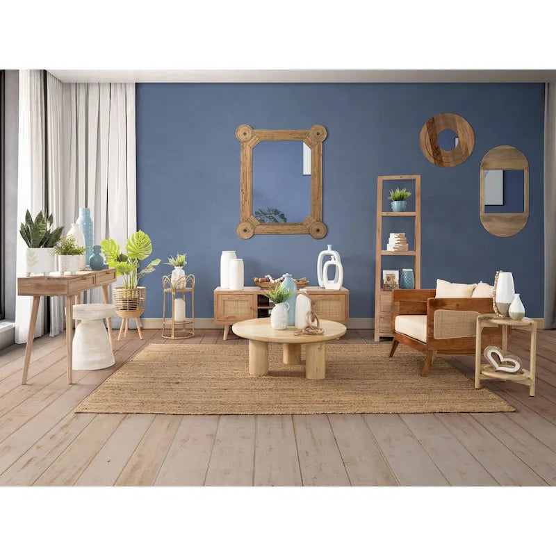Table basse ronde en bois de manguier massif, finition rustique marron naturel