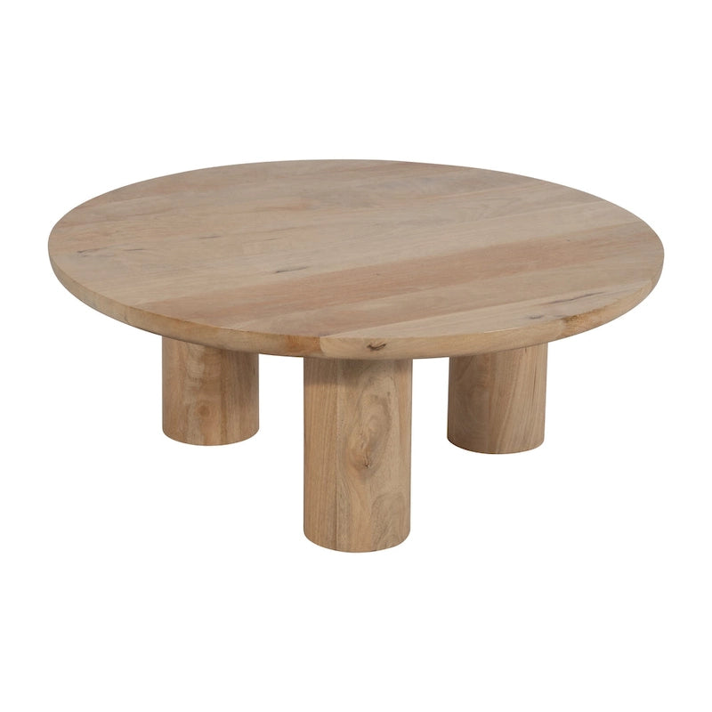 Table basse ronde en bois de manguier massif, finition rustique marron naturel