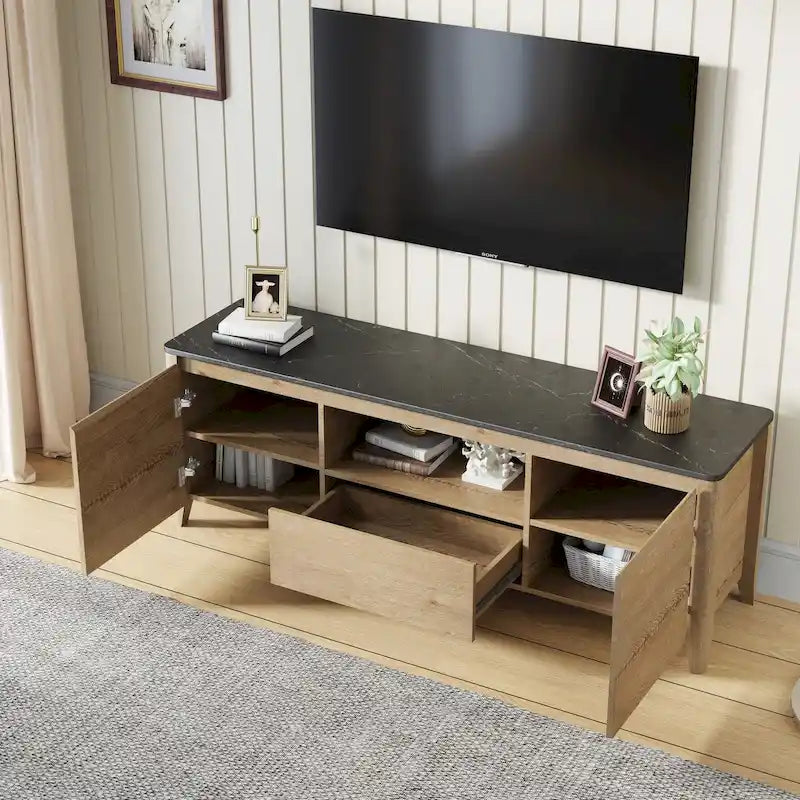 Meuble TV en bois avec éclairage LED, plateau en marbre, étagères ouvertes, tiroirs, noir