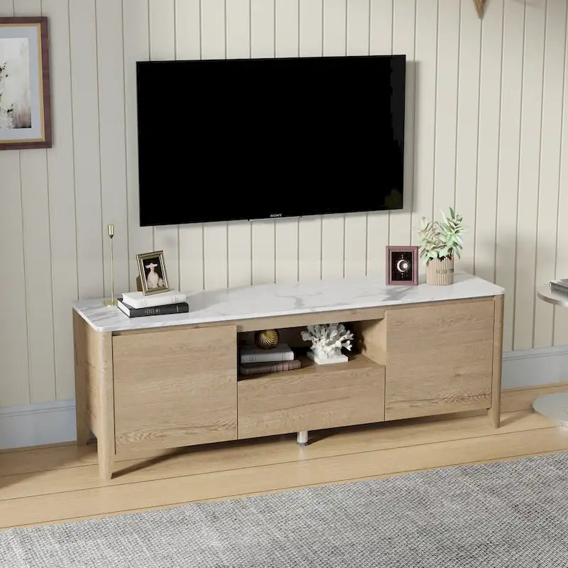 Meuble TV en bois avec éclairage LED, plateau en marbre, étagères ouvertes, tiroirs, noir