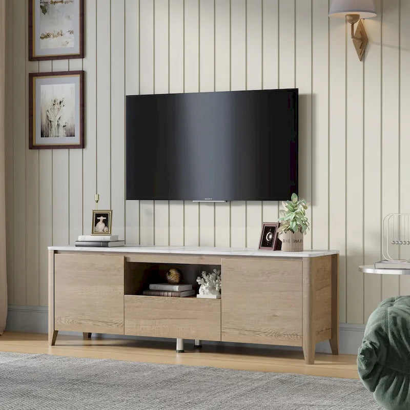 Wood Grain TV Stand with LED Lights Marble Top Open Shelves Drawers Black