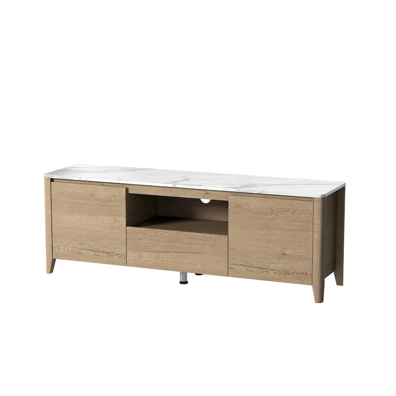 Wood Grain TV Stand with LED Lights Marble Top Open Shelves Drawers Black