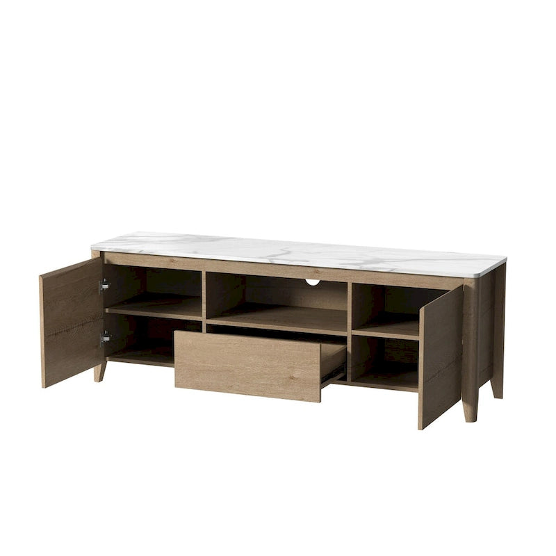 Meuble TV en bois avec éclairage LED, plateau en marbre, étagères ouvertes, tiroirs, noir