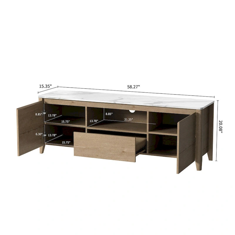Meuble TV en bois avec éclairage LED, plateau en marbre, étagères ouvertes, tiroirs, noir