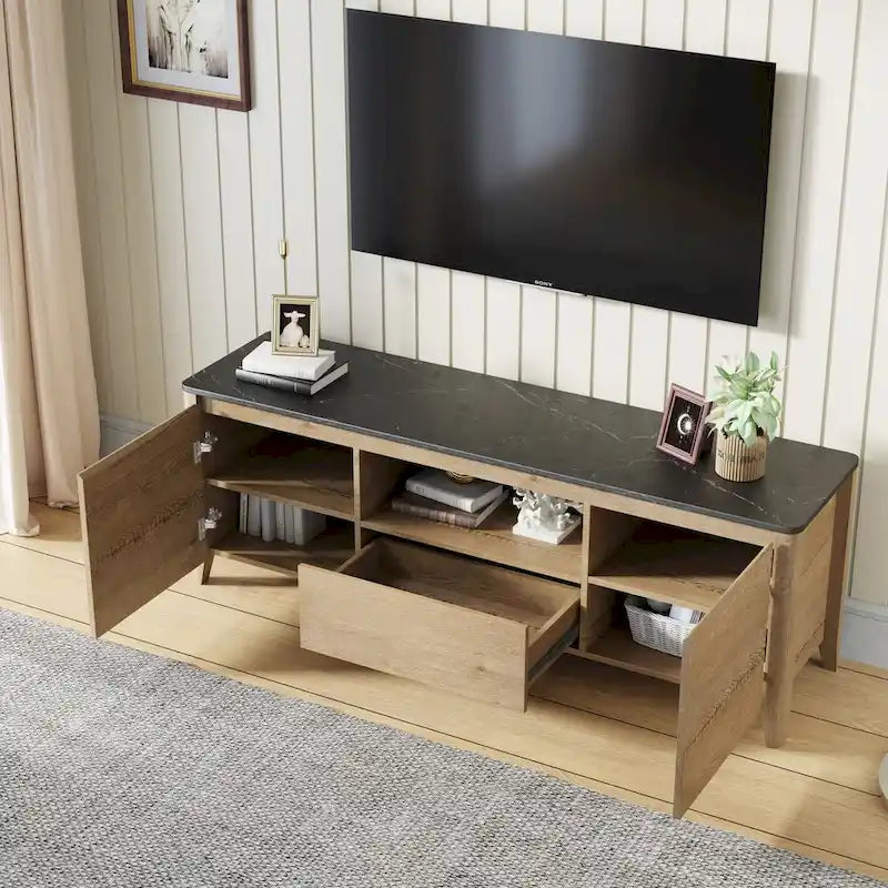 Meuble TV en bois avec éclairage LED, plateau en marbre, étagères ouvertes, tiroirs, noir