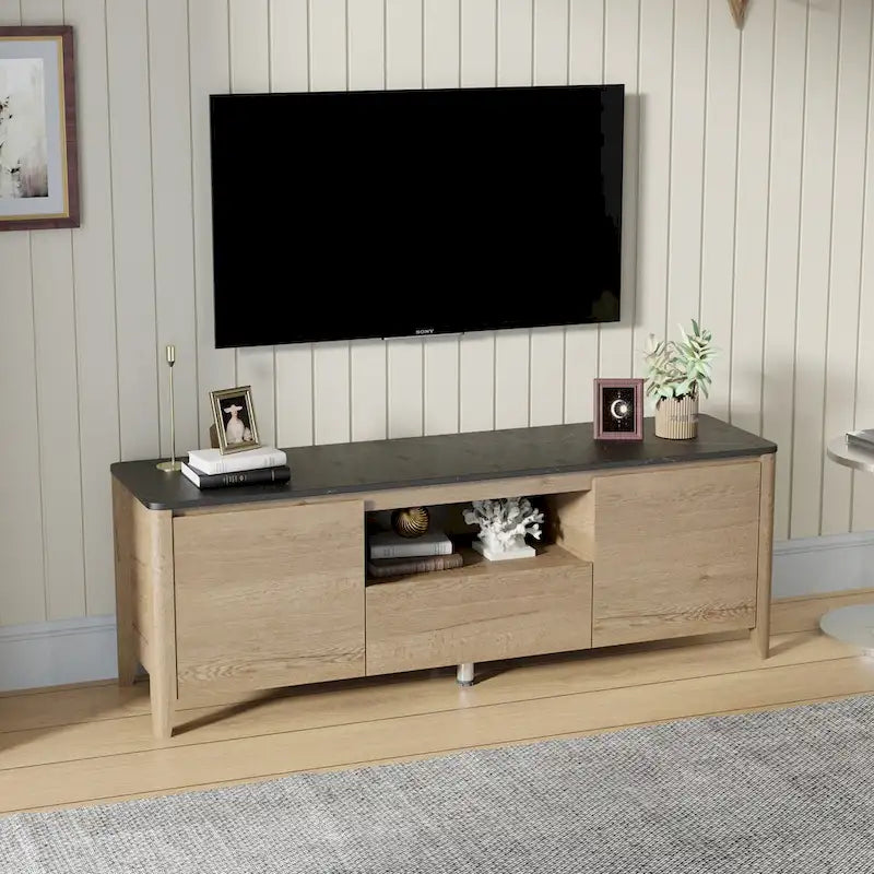 Meuble TV en bois avec éclairage LED, plateau en marbre, étagères ouvertes, tiroirs, noir