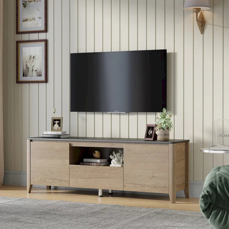 Meuble TV en bois avec éclairage LED, plateau en marbre, étagères ouvertes, tiroirs, noir