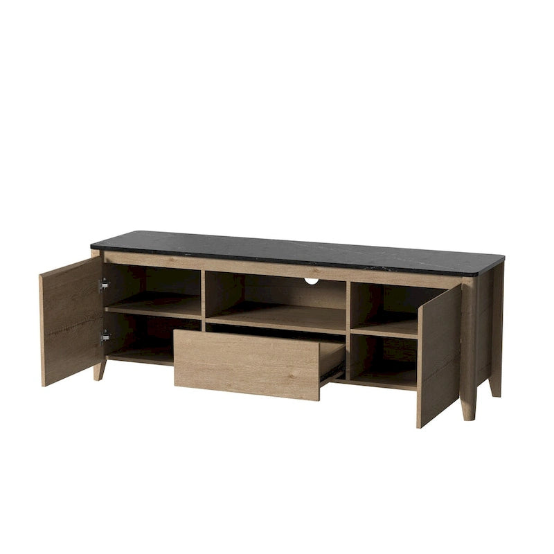 Meuble TV en bois avec éclairage LED, plateau en marbre, étagères ouvertes, tiroirs, noir