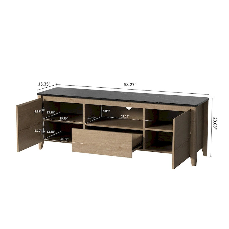 Meuble TV en bois avec éclairage LED, plateau en marbre, étagères ouvertes, tiroirs, noir