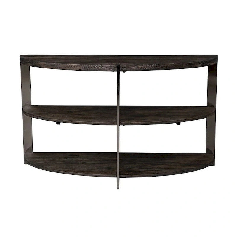 Console demi-lune avec 2 étagères ouvertes, pieds chromés en bois anthracite