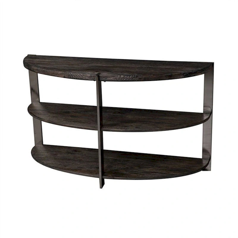 Console demi-lune avec 2 étagères ouvertes, pieds chromés en bois anthracite