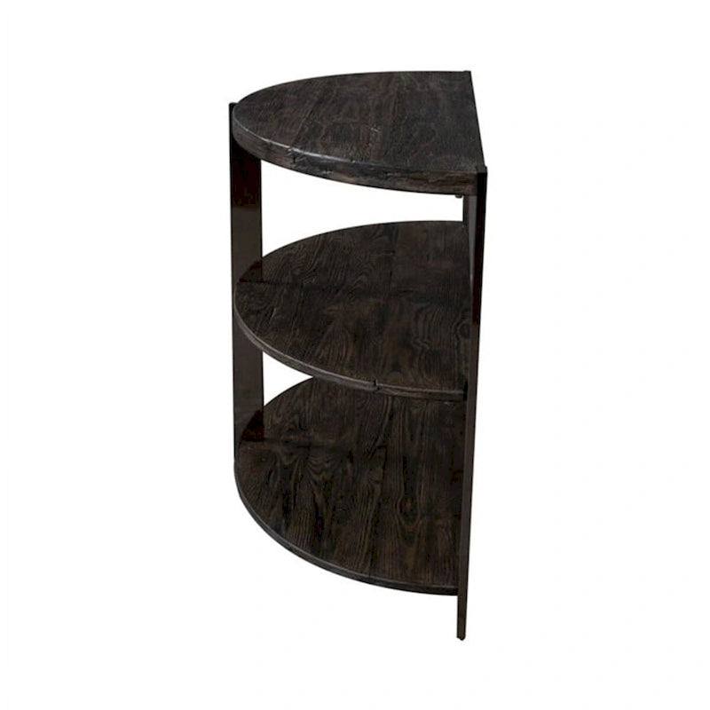 Console demi-lune avec 2 étagères ouvertes, pieds chromés en bois anthracite