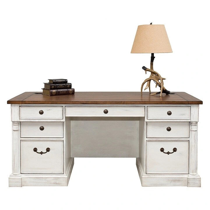 Bureau de direction à double piédestal blanc patiné avec plateau en bois rustique