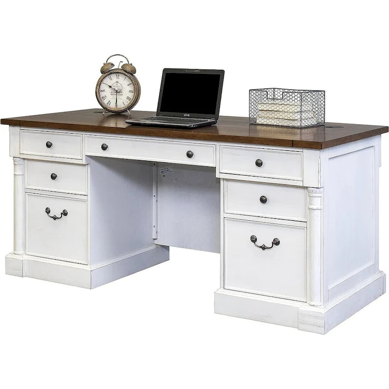 Bureau de direction à double piédestal blanc patiné avec plateau en bois rustique