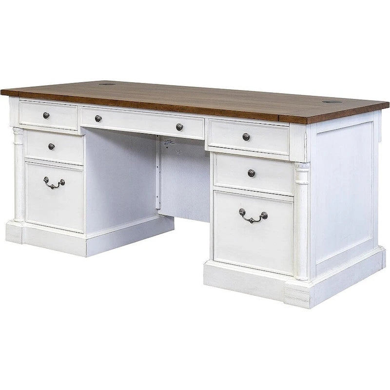 Bureau de direction à double piédestal blanc patiné avec plateau en bois rustique