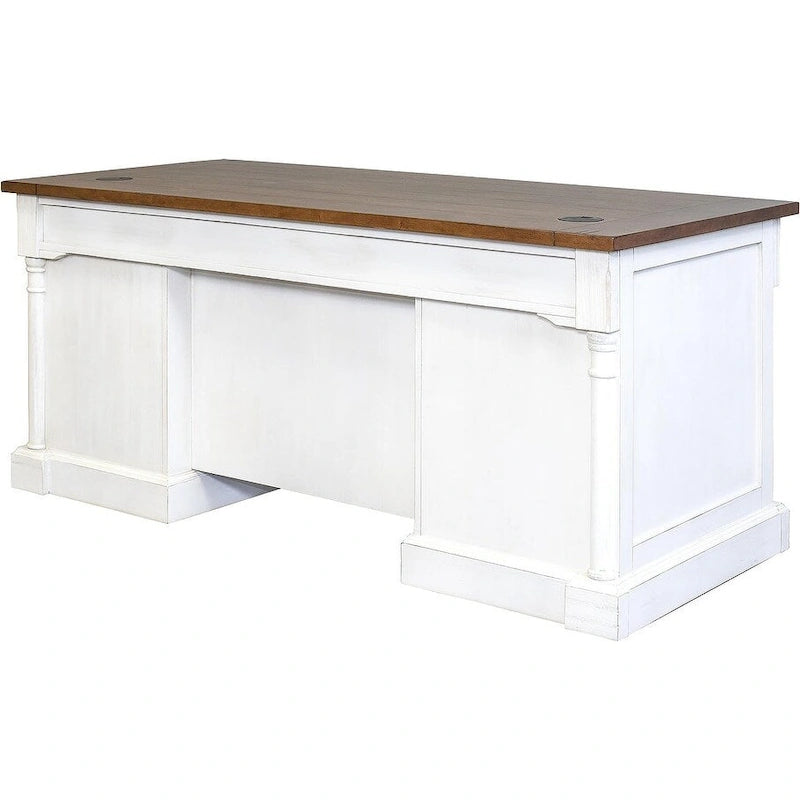 Bureau de direction à double piédestal blanc patiné avec plateau en bois rustique