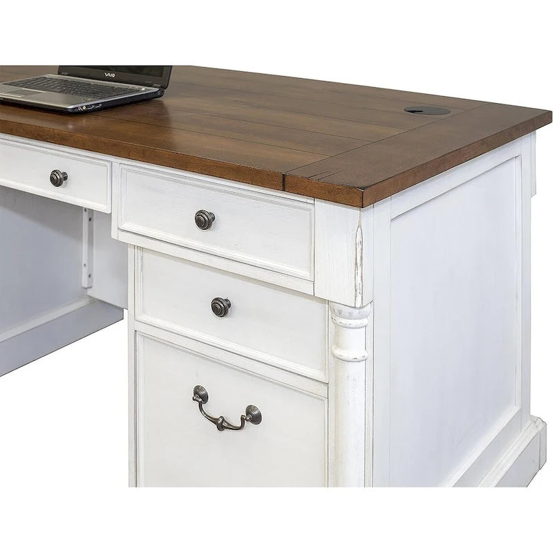 Bureau de direction à double piédestal blanc patiné avec plateau en bois rustique