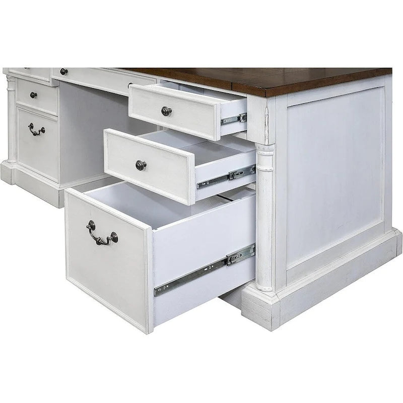Bureau de direction à double piédestal blanc patiné avec plateau en bois rustique