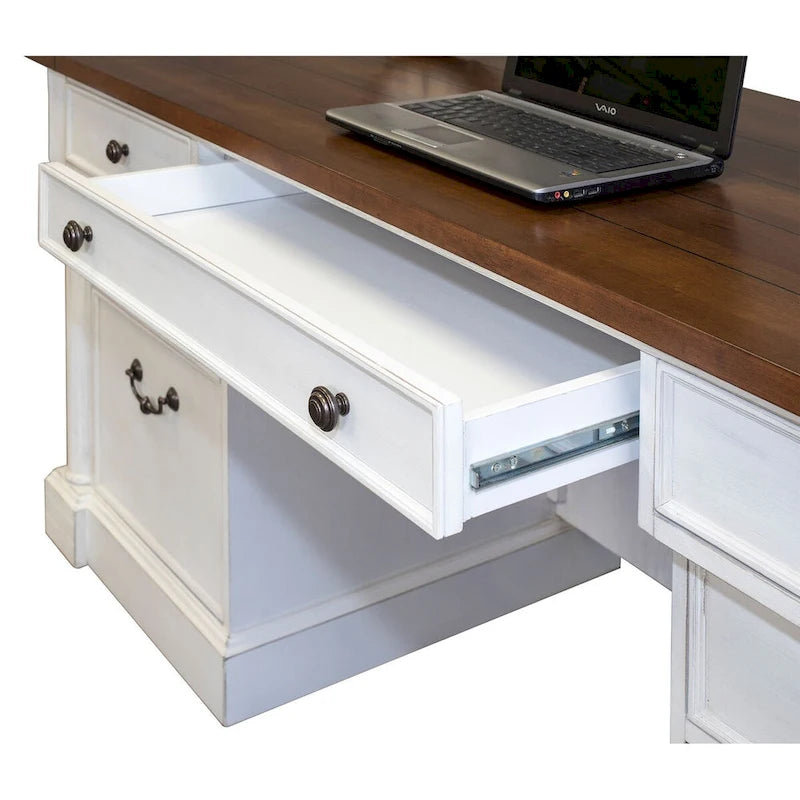 Bureau de direction à double piédestal blanc patiné avec plateau en bois rustique