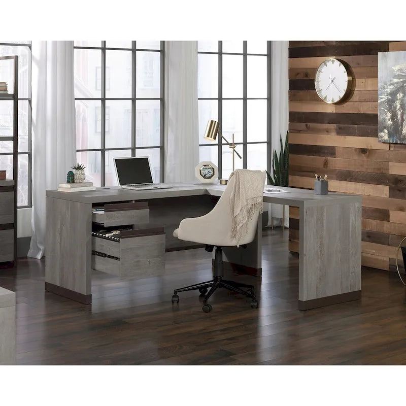 Bureau d'angle avec tiroirs finition acacia clair