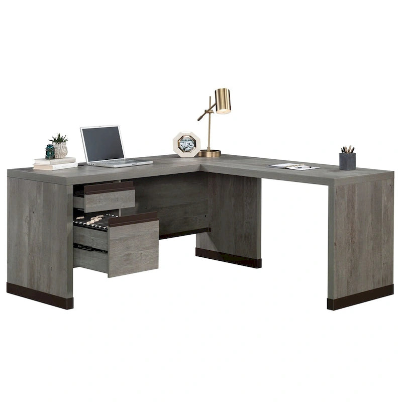 Bureau d'angle avec tiroirs finition acacia clair