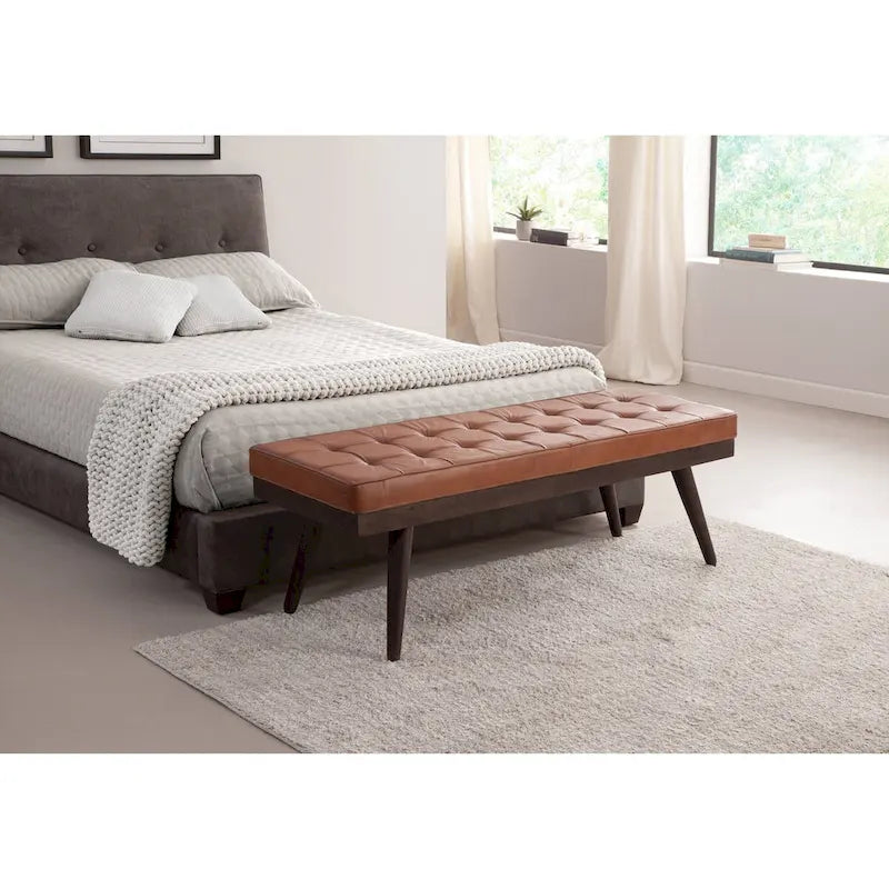 Banc d'appoint touffeté en cuir véritable marron ambré avec pieds en bois foncé