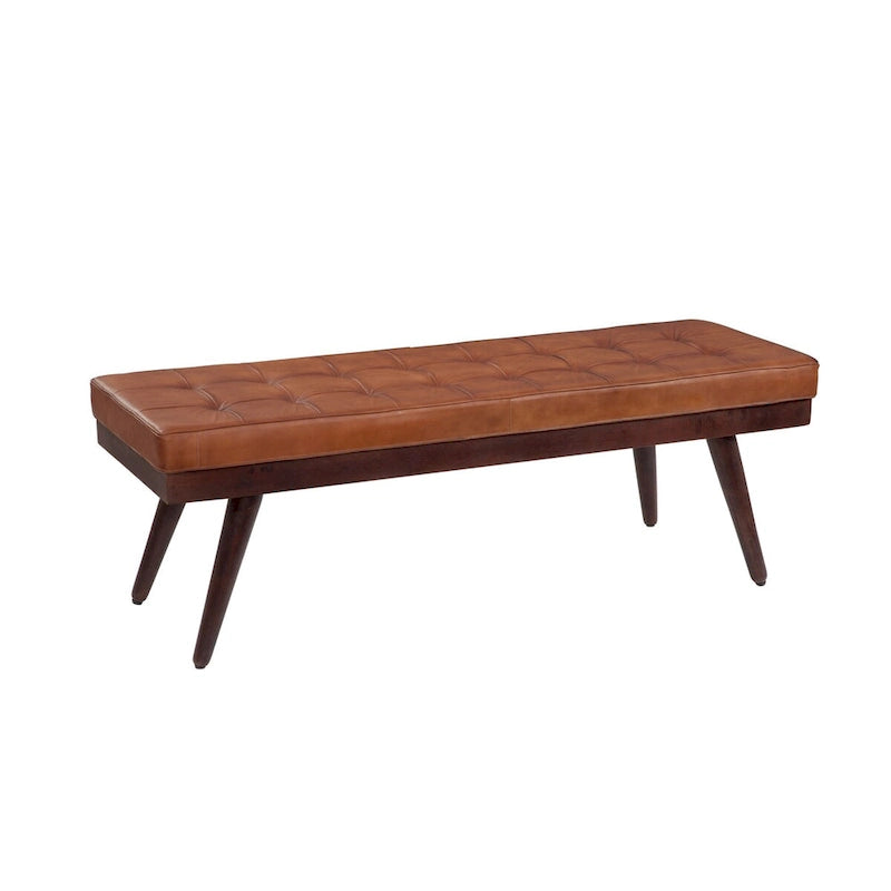 Banc d'appoint touffeté en cuir véritable marron ambré avec pieds en bois foncé