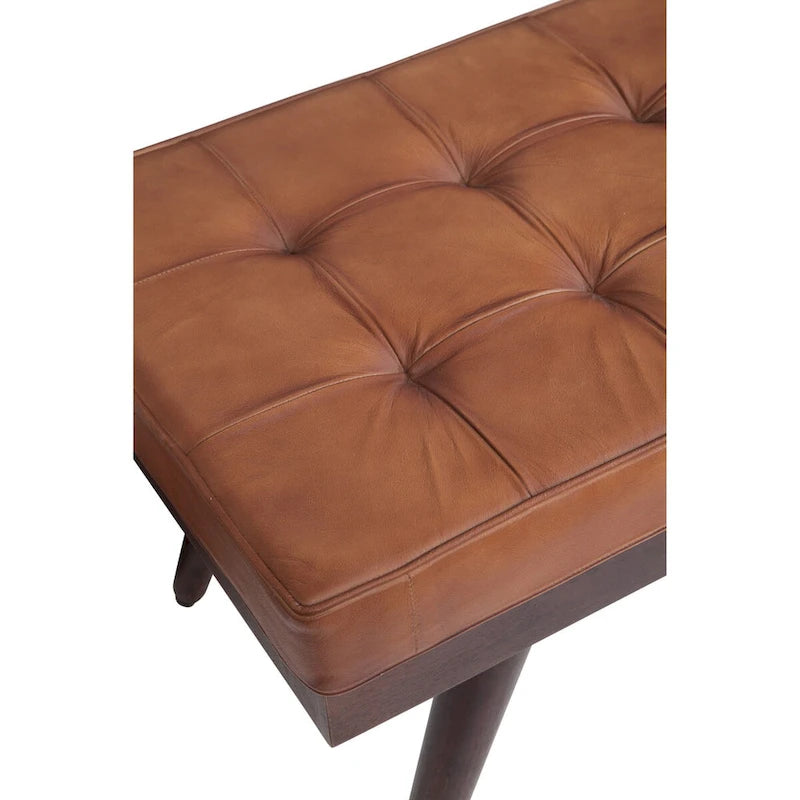 Banc d'appoint touffeté en cuir véritable marron ambré avec pieds en bois foncé