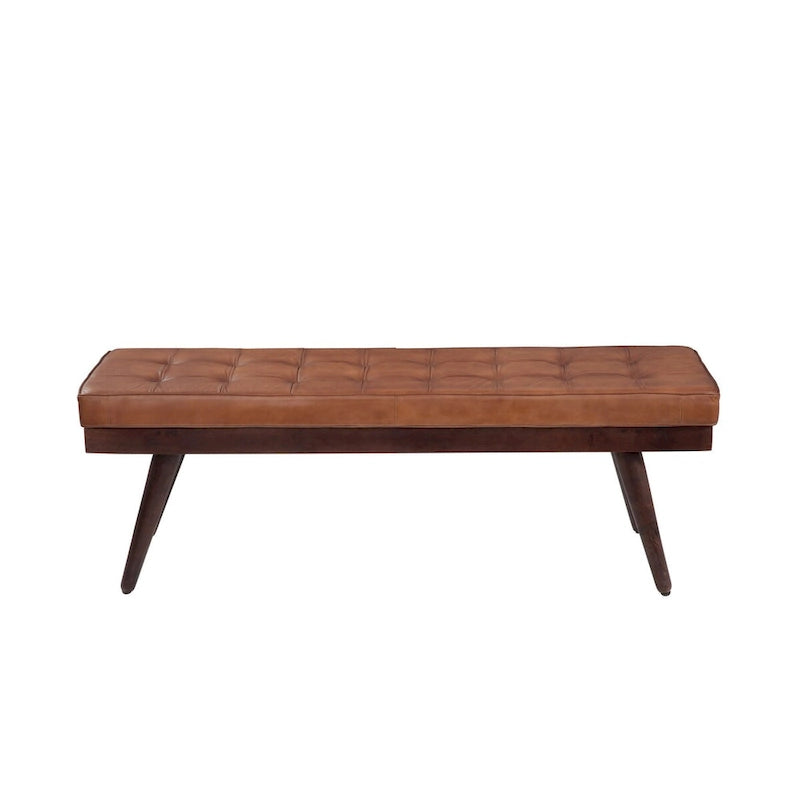 Banc d'appoint touffeté en cuir véritable marron ambré avec pieds en bois foncé