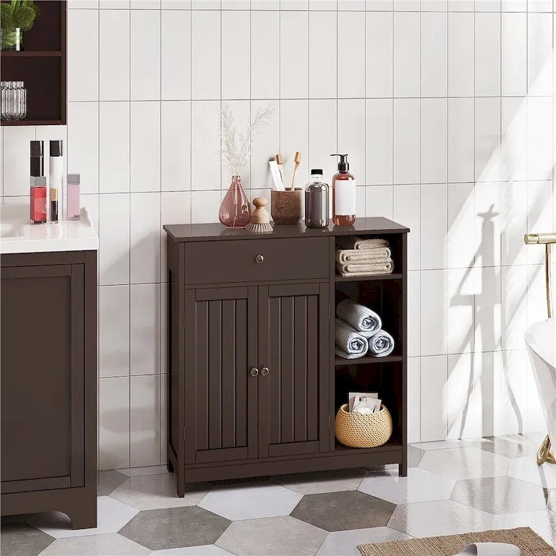 Meuble bas de salle de bain blanc à lattes avec tiroir et étagères ouvertes