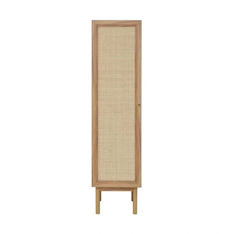 Armoire haute de style Mid-Century en placage de chêne avec porte en rotin
