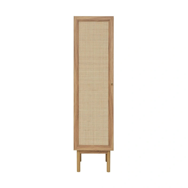 Armoire haute de style Mid-Century en placage de chêne avec porte en rotin