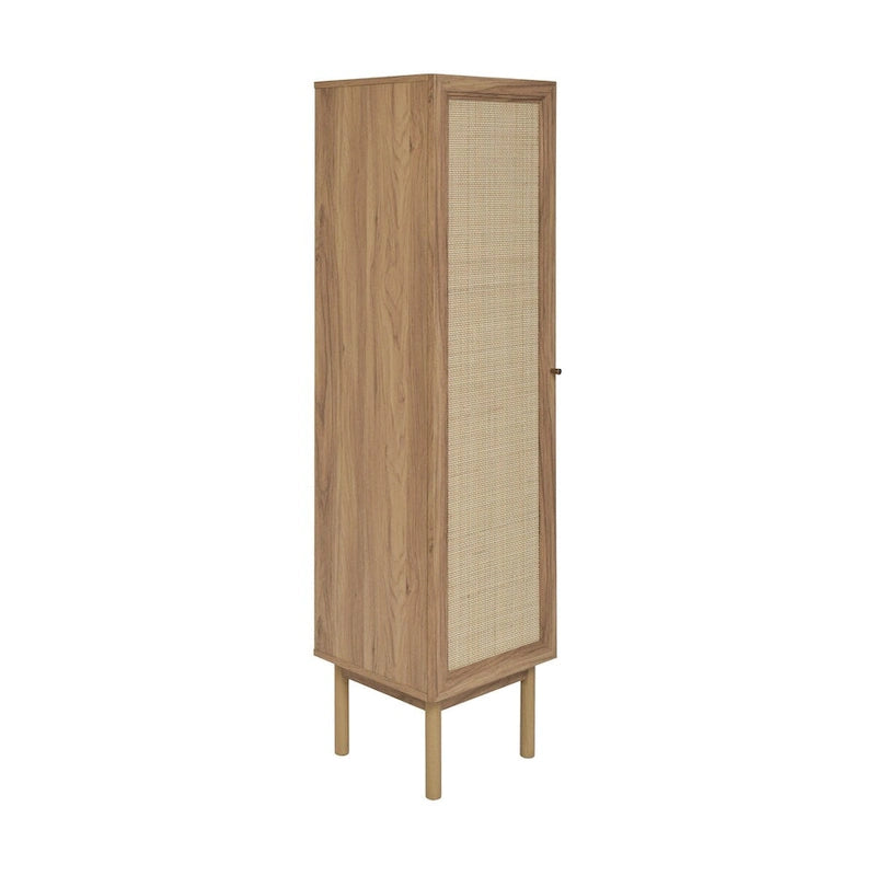 Armoire haute de style Mid-Century en placage de chêne avec porte en rotin