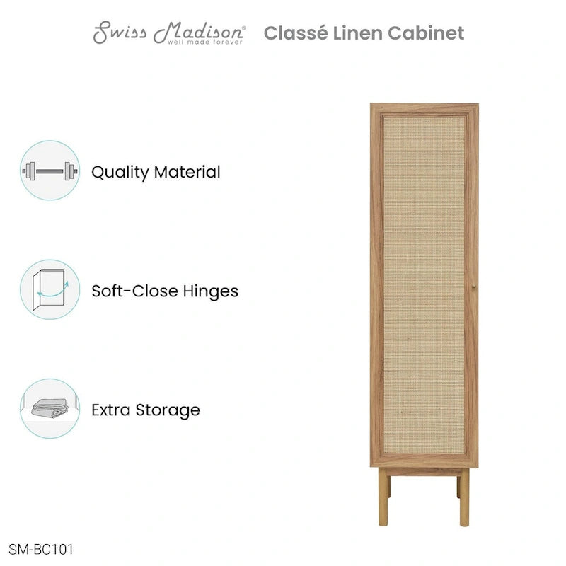 Armoire haute de style Mid-Century en placage de chêne avec porte en rotin