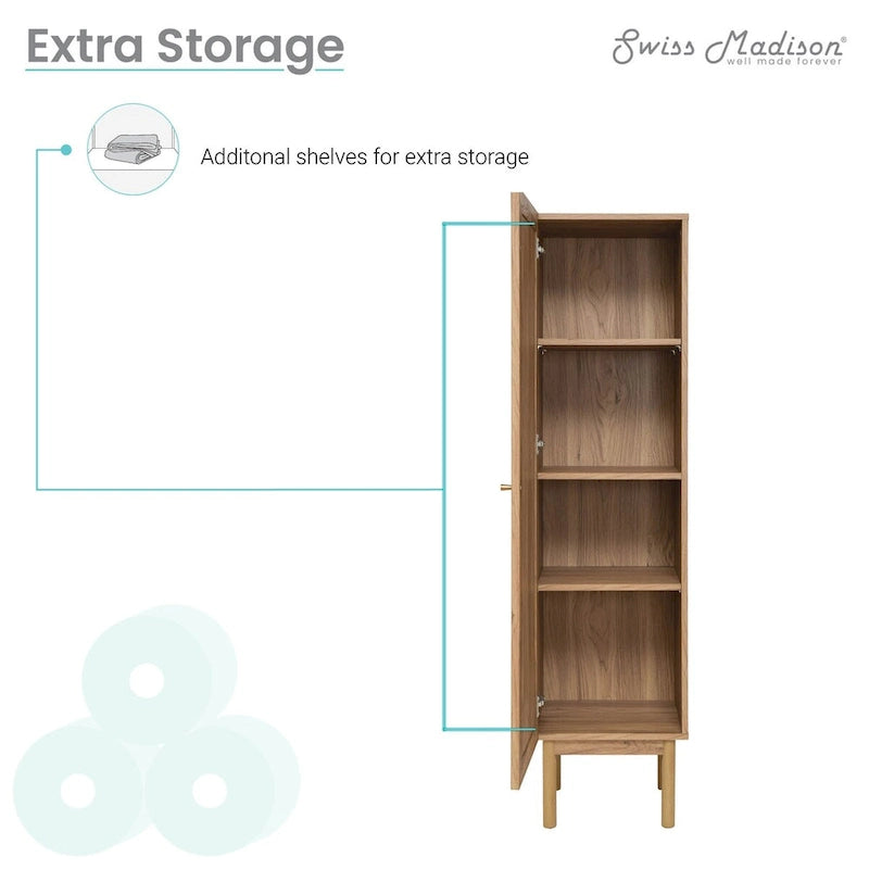 Armoire haute de style Mid-Century en placage de chêne avec porte en rotin